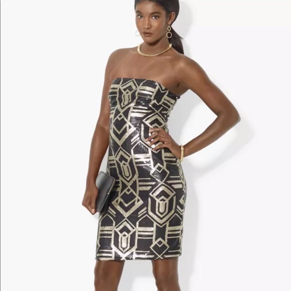 RALPH LAUREN Black Gold Sequined Strapless Dress 2